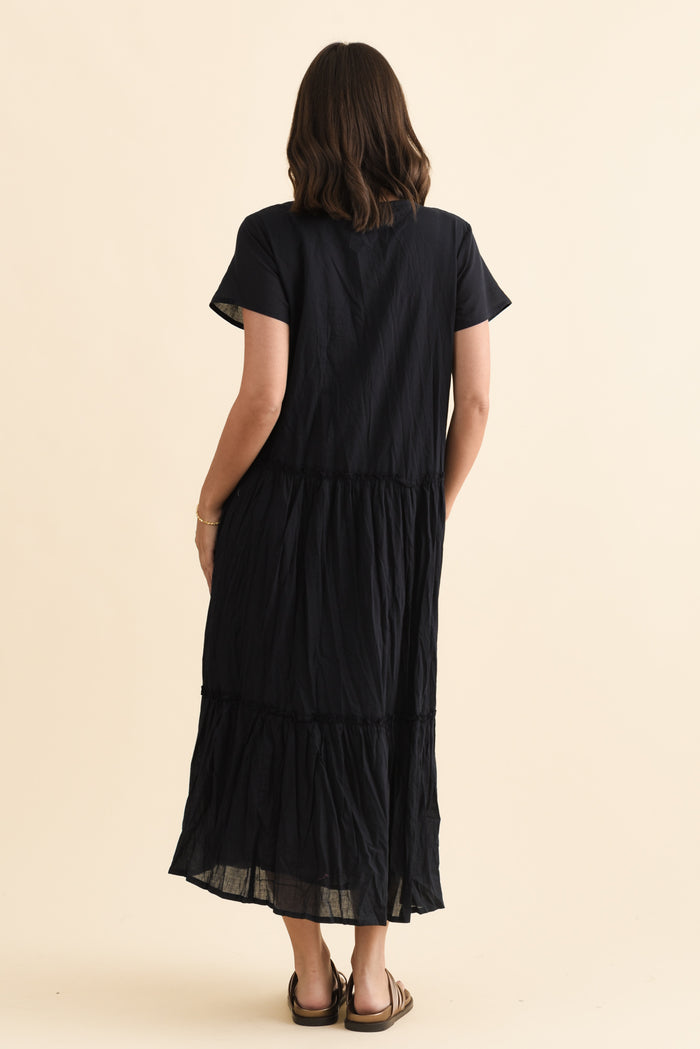 Nona Navy Crinkle Cotton Maxi Dress,Brunette model,alt text|model:MJ