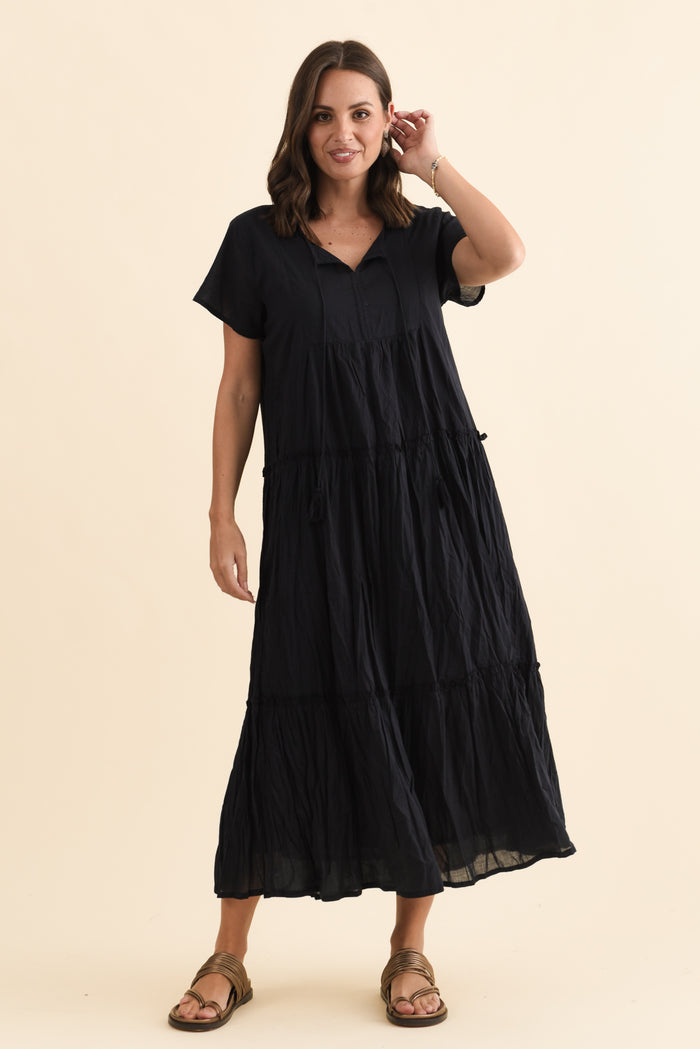 Nona Navy Crinkle Cotton Maxi Dress,Brunette model,alt text|model:MJ