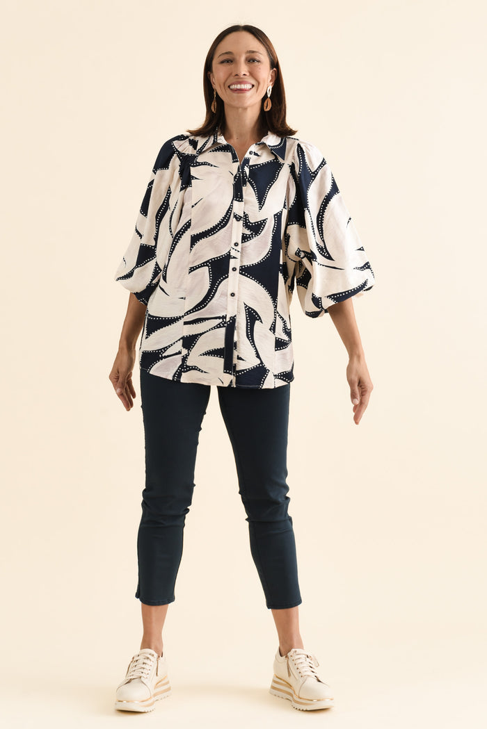 Nova Navy Floral Collared Shirt,brunette model,Full Outfit,alt text|model:Cara