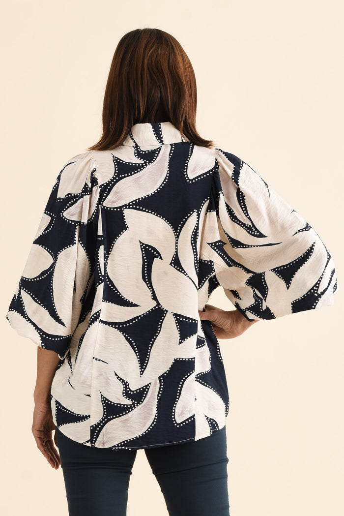 Nova Navy Floral Collared Shirt,brunette model,Back of Outfit,alt text|model:Cara