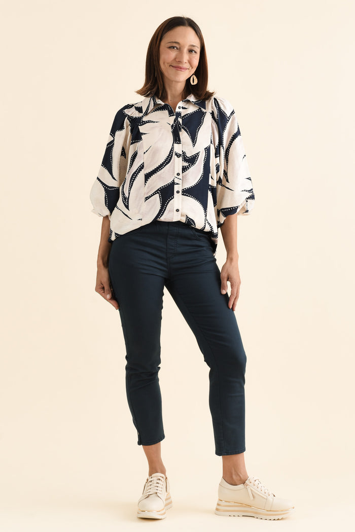 Nova Navy Floral Collared Shirt,brunette model,Full Outfit,alt text|model:Cara