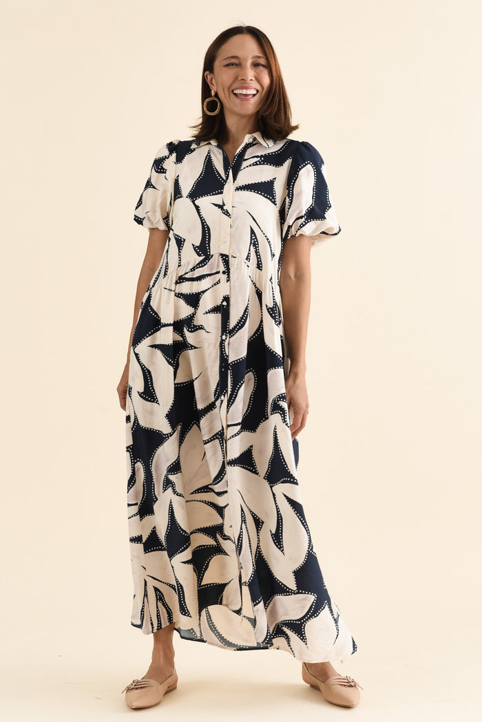 Nova Navy Floral Shirt Dress,brunette model,Front of Outfit,alt text|model:Cara
