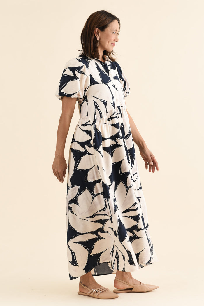 Nova Navy Floral Shirt Dress,brunette model,Side of Outfit,alt text|model:Cara