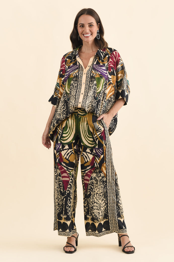 Odia Green Mosaic Wide Leg Pants,Brunette model,alt text|model:MJ