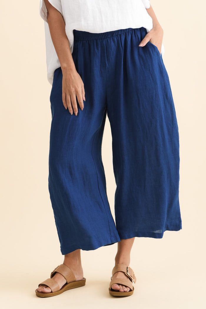 Olga Cobalt Linen Wide Leg Pants,Brunette model,alt text|model:MJ
