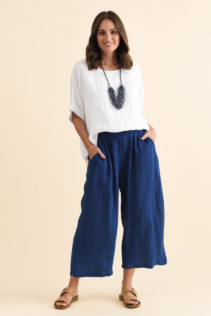 Olga Cobalt Linen Wide Leg Pants,Brunette model,alt text|model:MJ