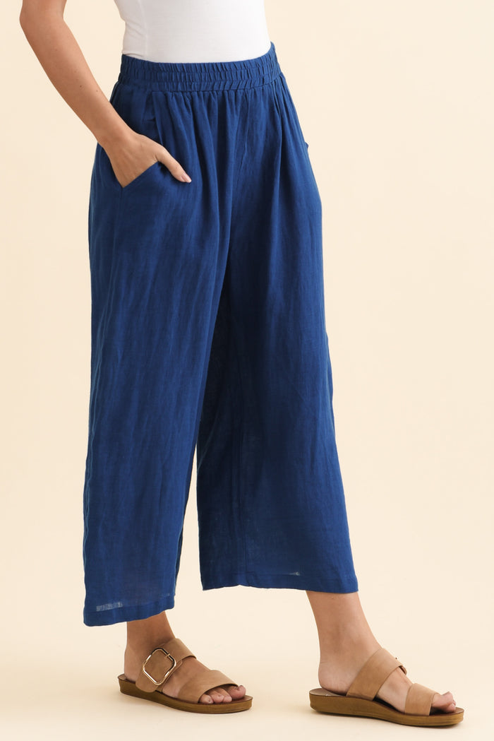 Olga Cobalt Linen Wide Leg Pants,Brunette model,alt text|model:MJ