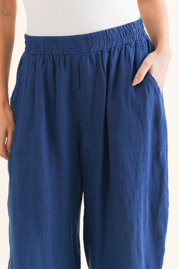 Olga Cobalt Linen Wide Leg Pants,Brunette model,alt text|model:MJ