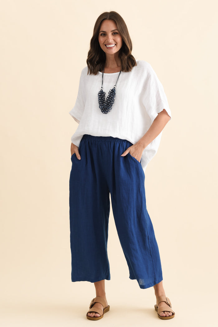 Olga Cobalt Linen Wide Leg Pants,Brunette model,alt text|model:MJ