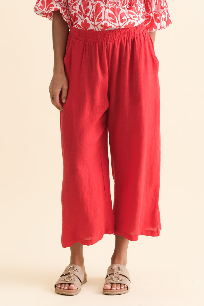 Olga Red Linen Wide Leg Pants,Brunette model,alt text|model:Brontie