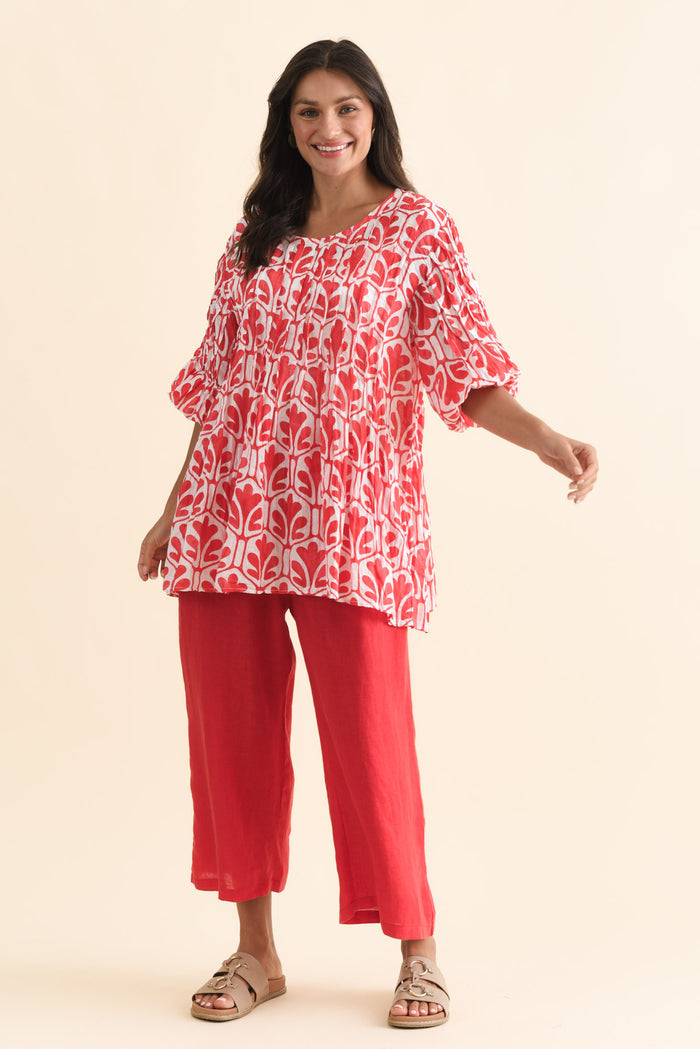 Olga Red Linen Wide Leg Pants,Brunette model,alt text|model:Brontie