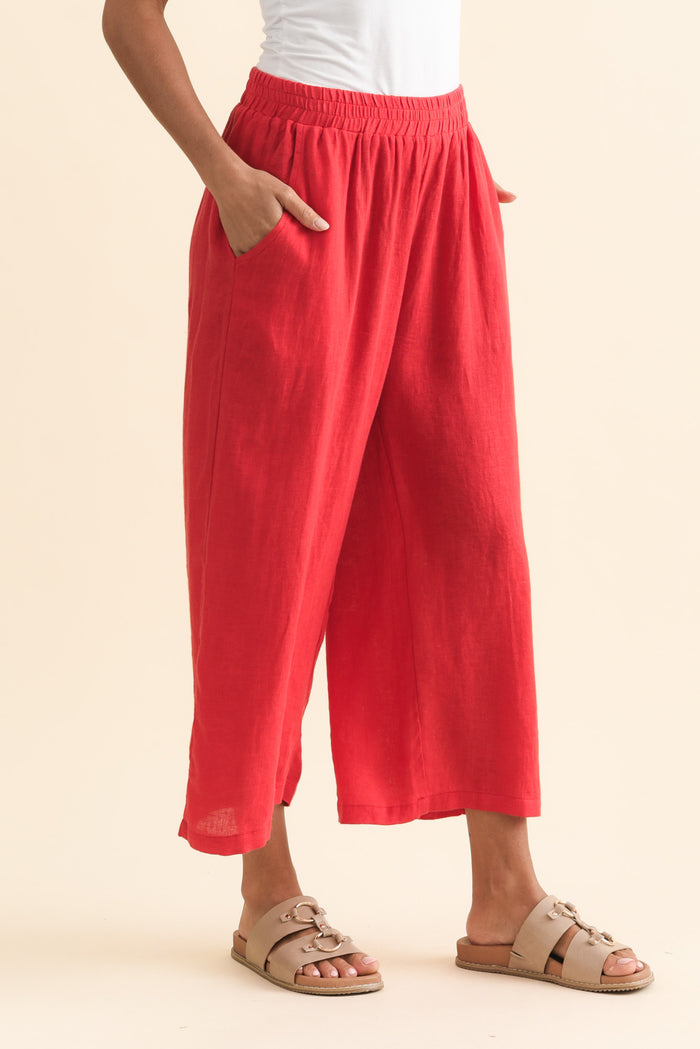 Olga Red Linen Wide Leg Pants,Brunette model,alt text|model:Brontie