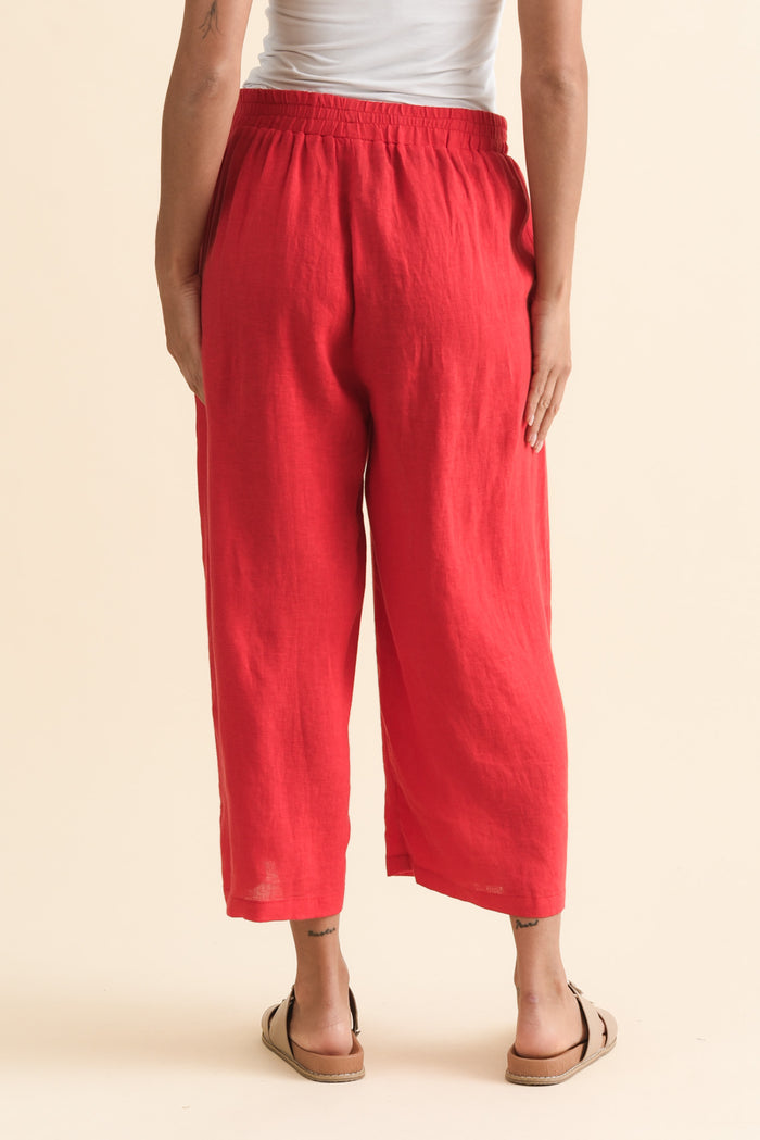 Olga Red Linen Wide Leg Pants,Brunette model,alt text|model:Brontie