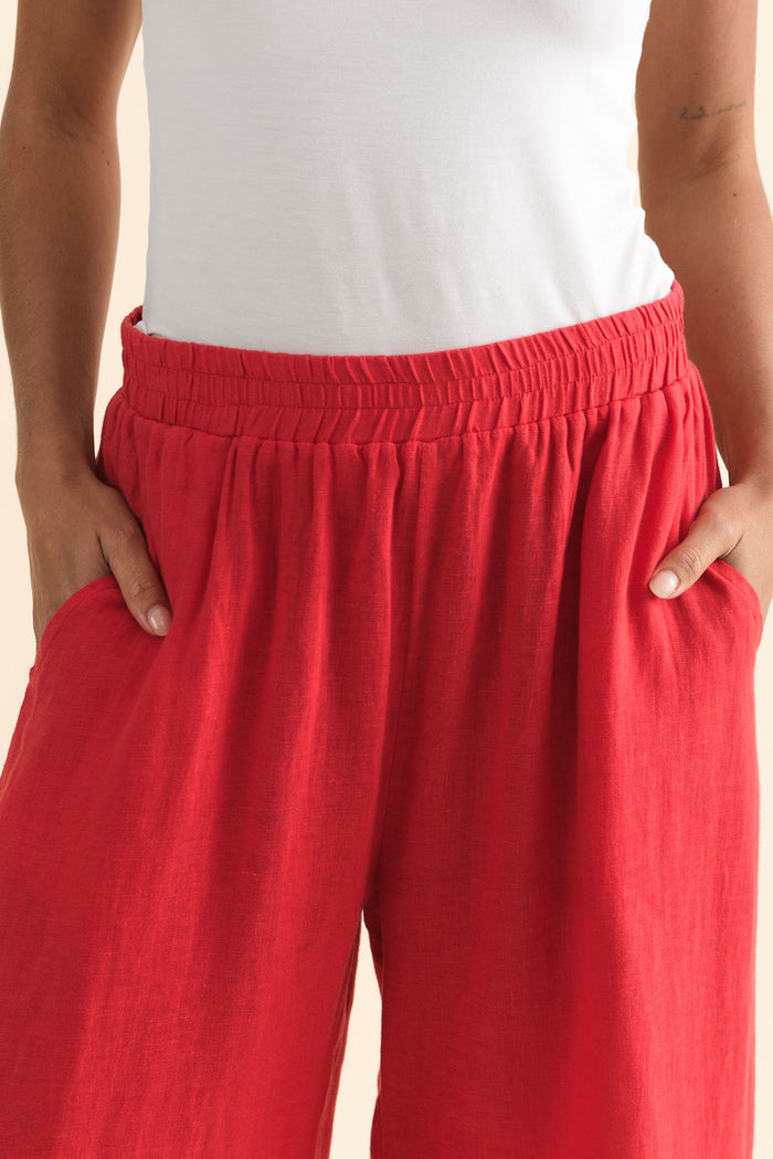 Olga Red Linen Wide Leg Pants,Brunette model,alt text|model:Brontie