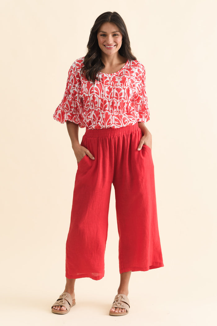 Olga Red Linen Wide Leg Pants,Brunette model,alt text|model:Brontie