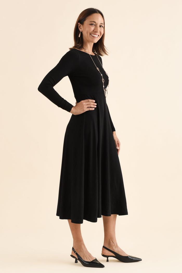 Olivia Black Bamboo Sleeved Dress,Side,Brunette model,alt text|model:Cara