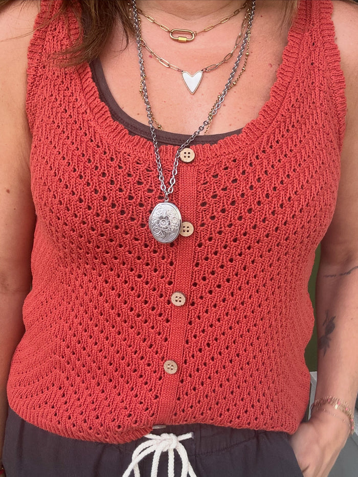 Open Knit Scallop Edge Button Front Tank Top