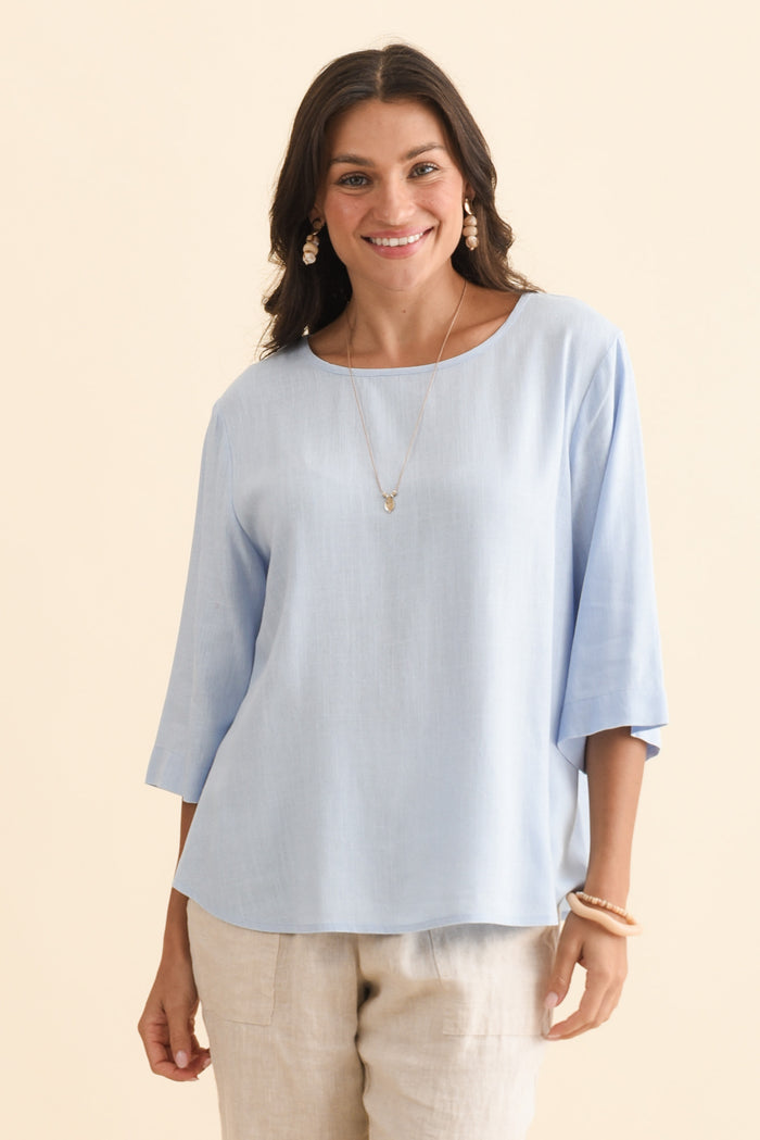 Ophelia Light Blue Scoop Neck Top,Brunette model,alt text|model:Brontie