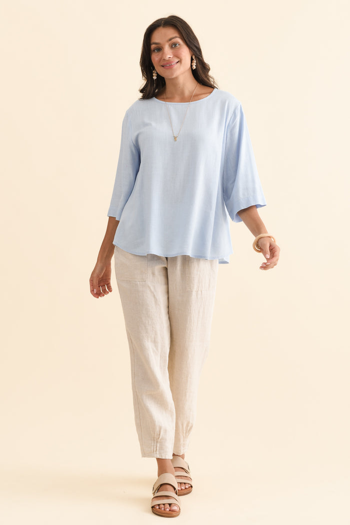 Ophelia Light Blue Scoop Neck Top,Brunette model,alt text|model:Brontie