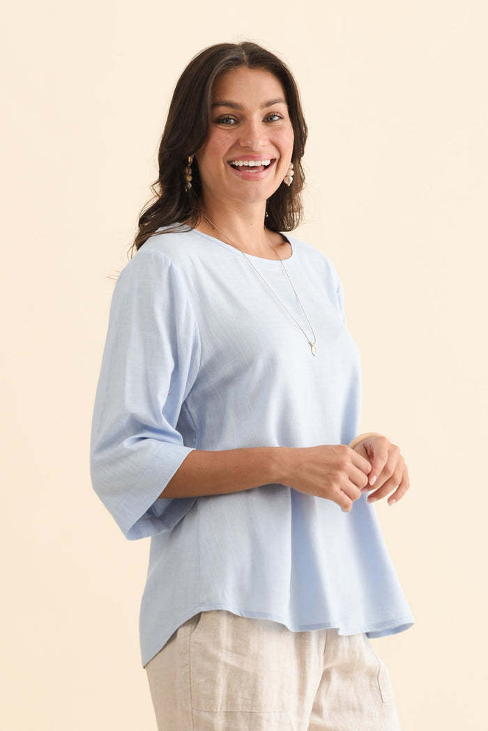 Ophelia Light Blue Scoop Neck Top,Brunette model,alt text|model:Brontie