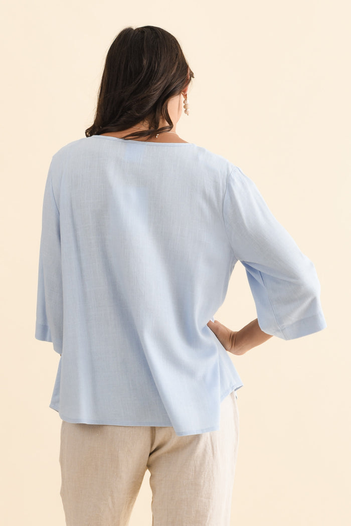 Ophelia Light Blue Scoop Neck Top,Brunette model,alt text|model:Brontie