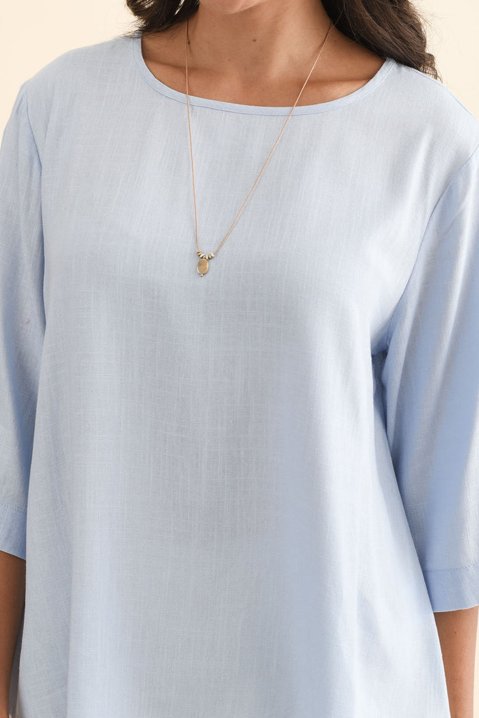 Ophelia Light Blue Scoop Neck Top,Brunette model,alt text|model:Brontie