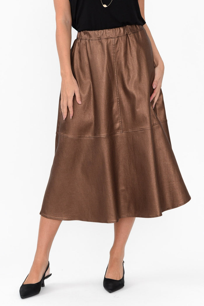 Oriel Bronze Faux Leather Midi Skirt,Brunette model,Oriel Bronze Faux Leather Midi Skirt length_Below Knee print_Plain hem_Straight colour_Brown SKIRTS   alt text|model:MJ
