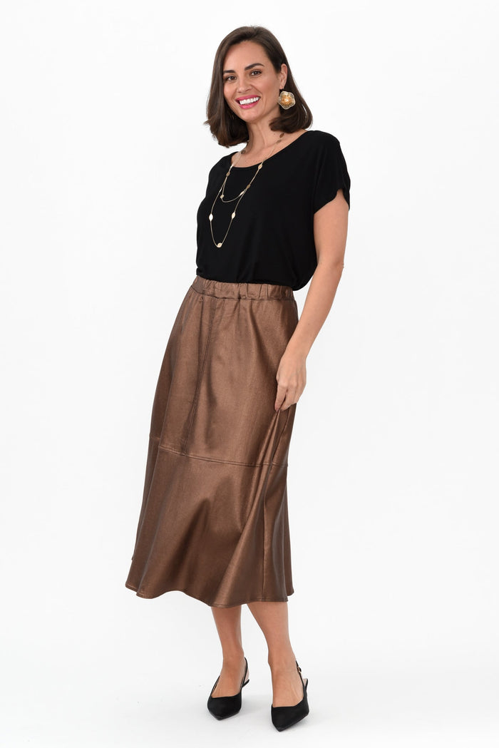 Oriel Bronze Faux Leather Midi Skirt,Brunette model,alt text|model:MJ