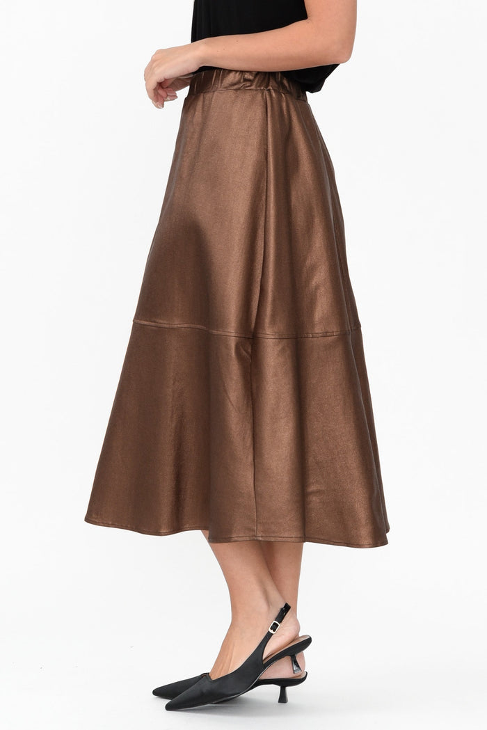 Oriel Bronze Faux Leather Midi Skirt,Brunette model,alt text|model:MJ
