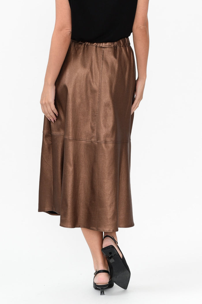 Oriel Bronze Faux Leather Midi Skirt,Brunette model,alt text|model:MJ