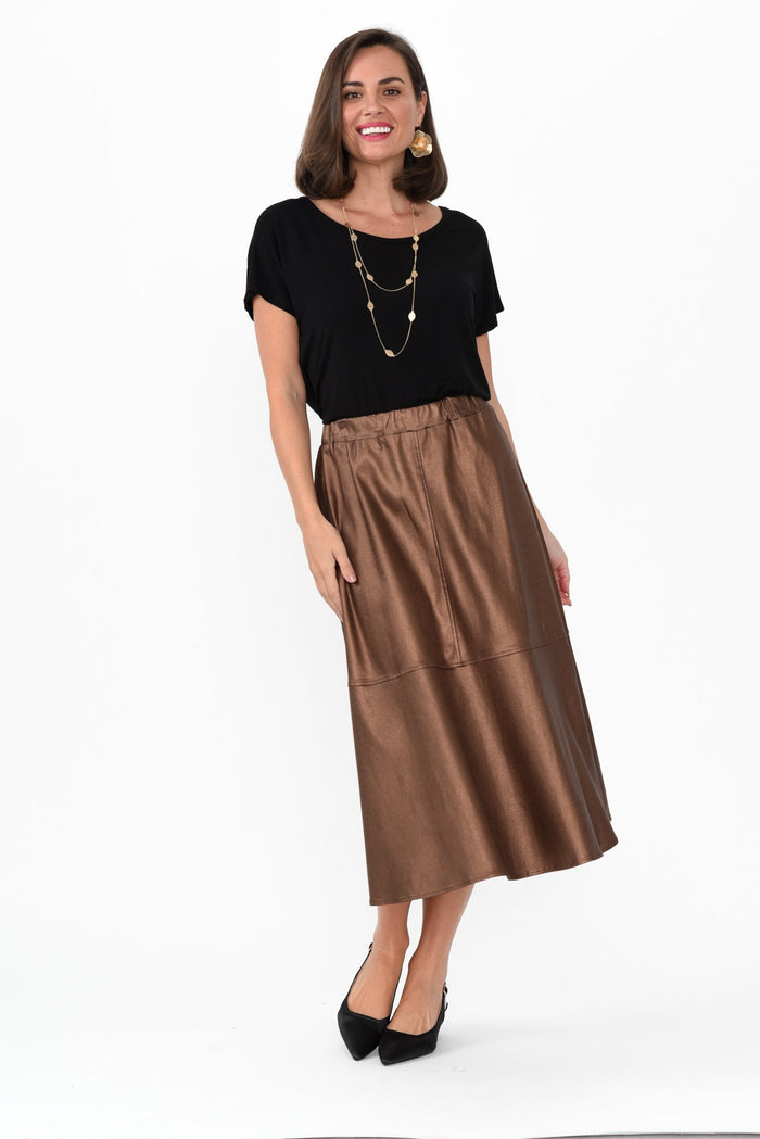 Oriel Bronze Faux Leather Midi Skirt,Brunette model,alt text|model:MJ