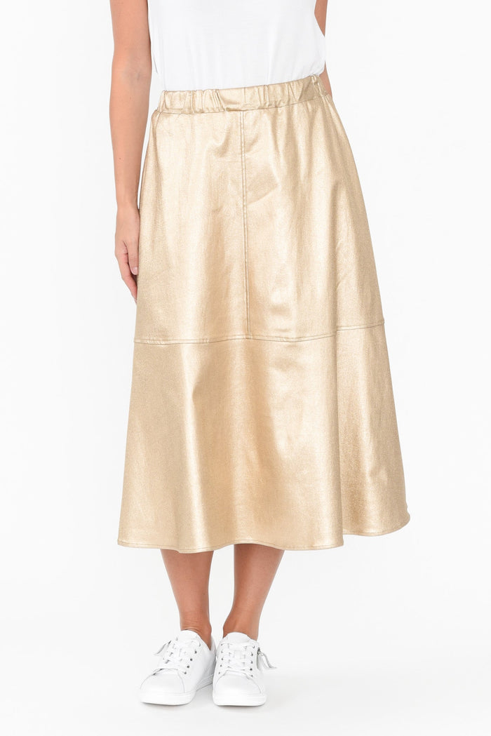 Oriel Gold Faux Leather Midi Skirt,Brunette model,Oriel Gold Faux Leather Midi Skirt length_Midi print_Plain hem_Straight colour_Gold SKIRTS   alt text|model:MJ