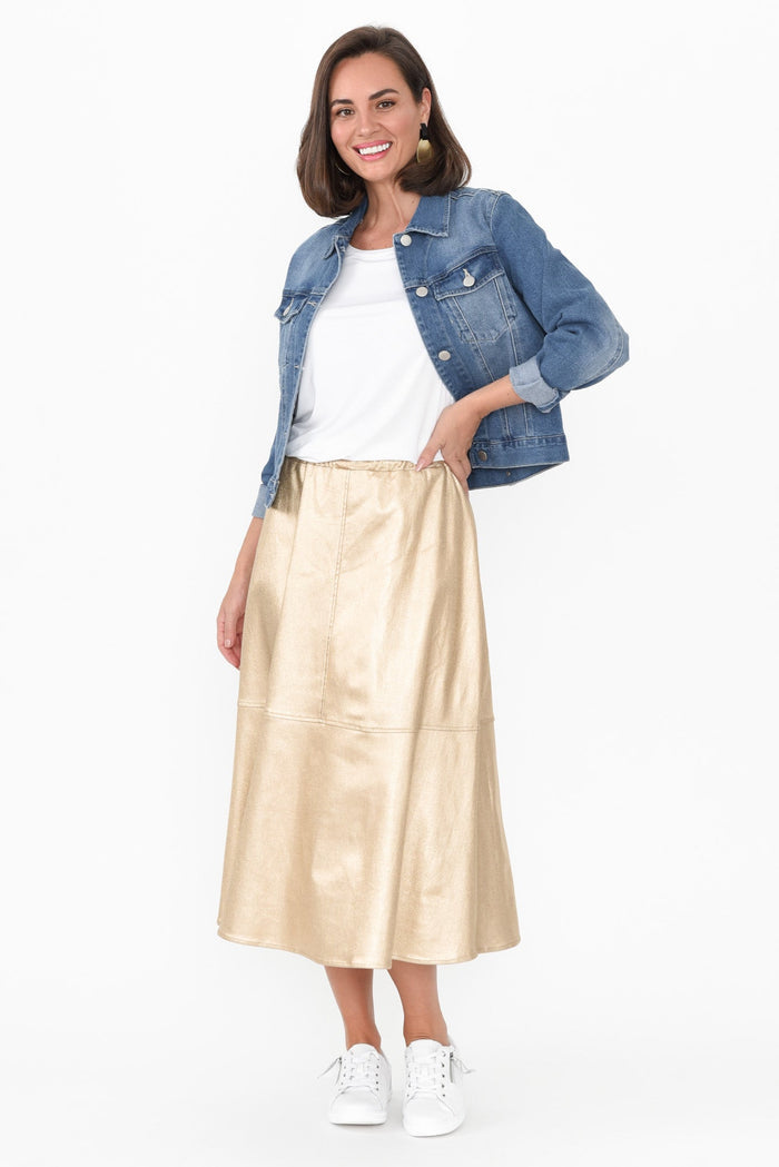 Oriel Gold Faux Leather Midi Skirt,Brunette model,alt text|model:MJ