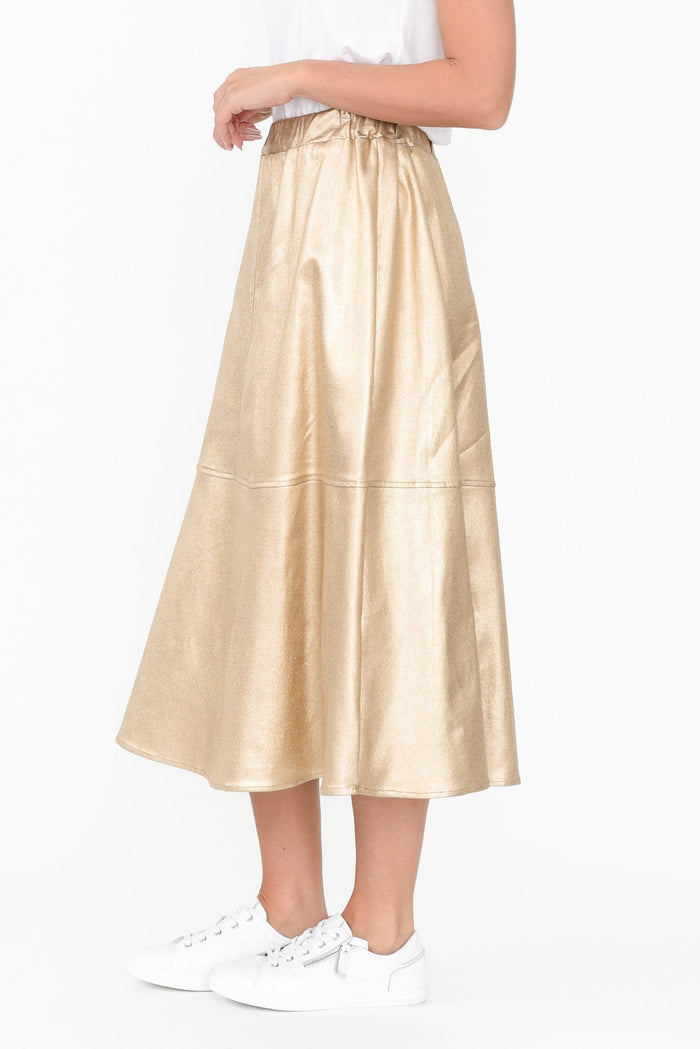 Oriel Gold Faux Leather Midi Skirt,Brunette model,alt text|model:MJ