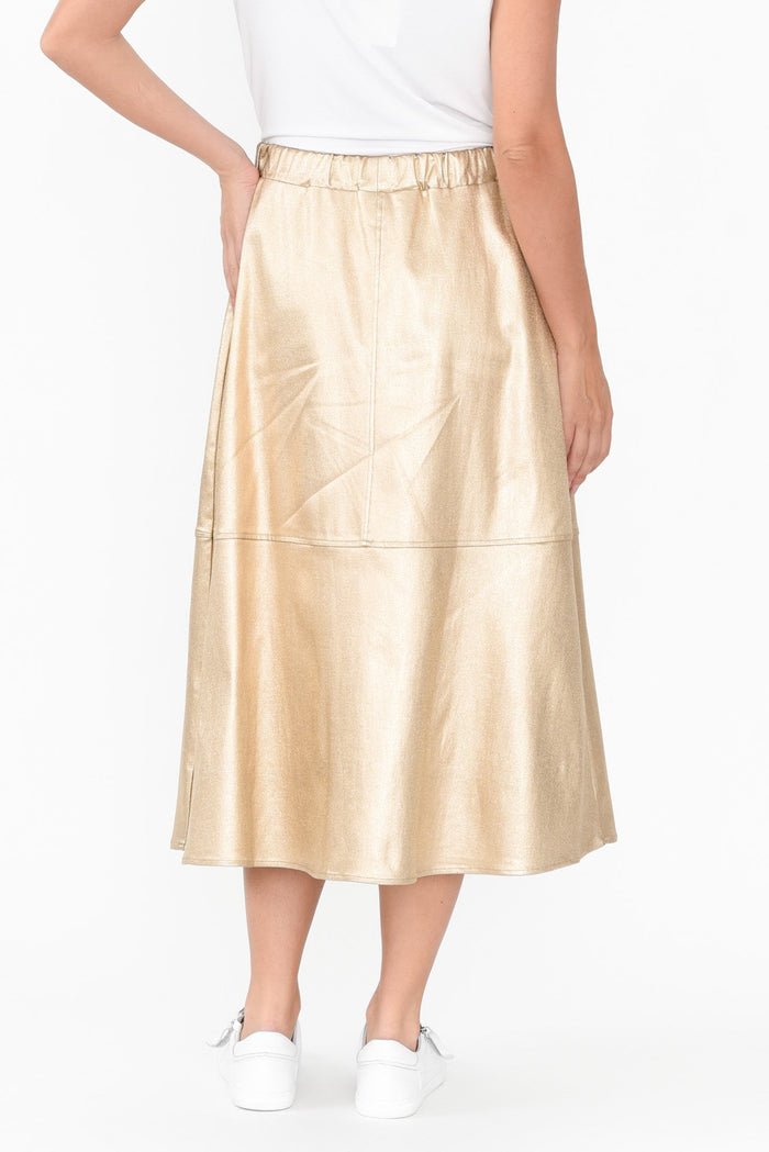 Oriel Gold Faux Leather Midi Skirt,Brunette model,alt text|model:MJ