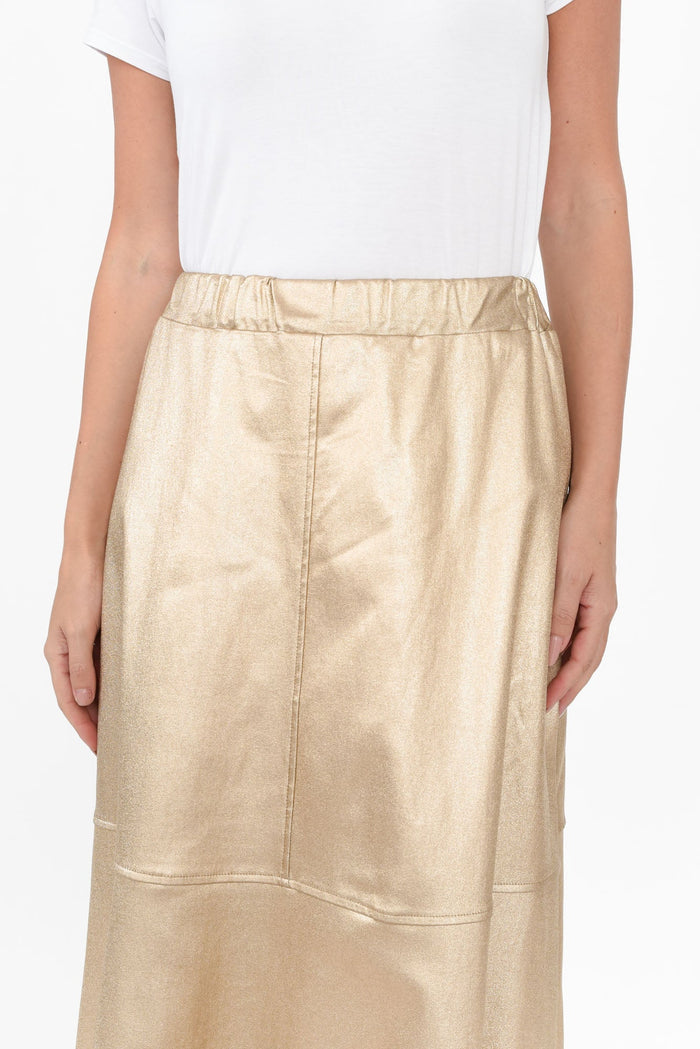 Oriel Gold Faux Leather Midi Skirt,Brunette model,alt text|model:MJ