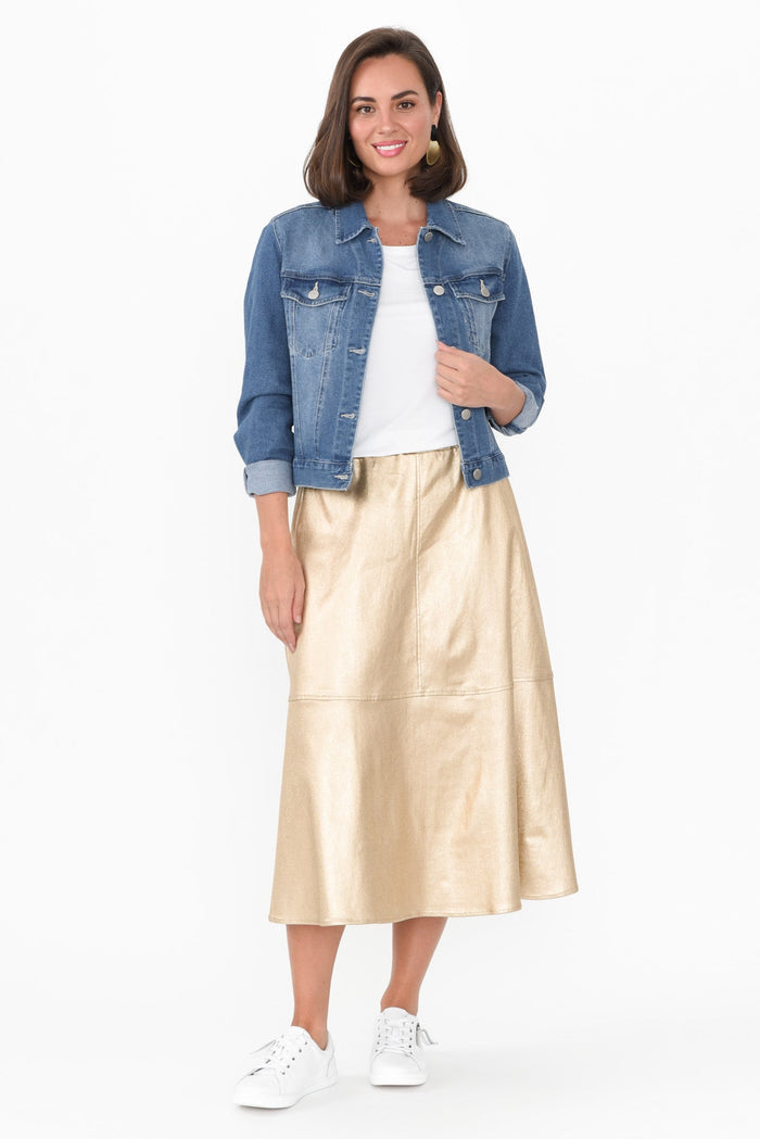 Oriel Gold Faux Leather Midi Skirt,Brunette model,alt text|model:MJ