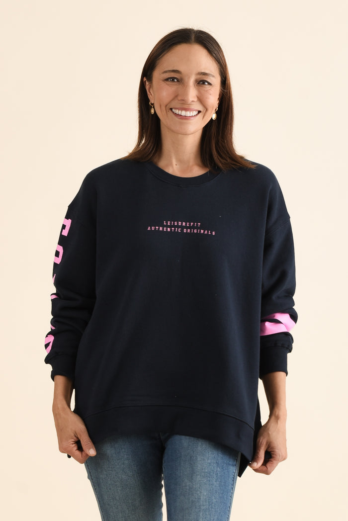 Origin Navy Cotton Crewneck Sweatshirt,Front,Brunette model,alt text|model:Cara