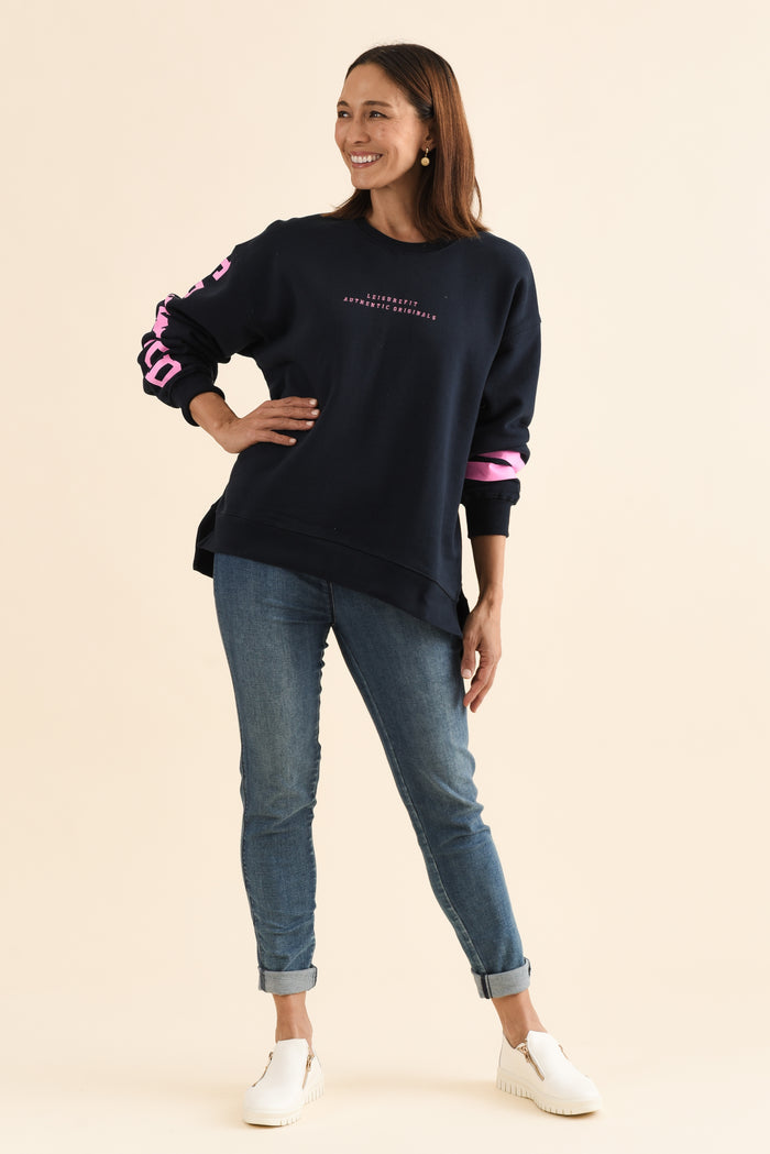 Origin Navy Cotton Crewneck Sweatshirt,Full Body,Brunette model,alt text|model:Cara