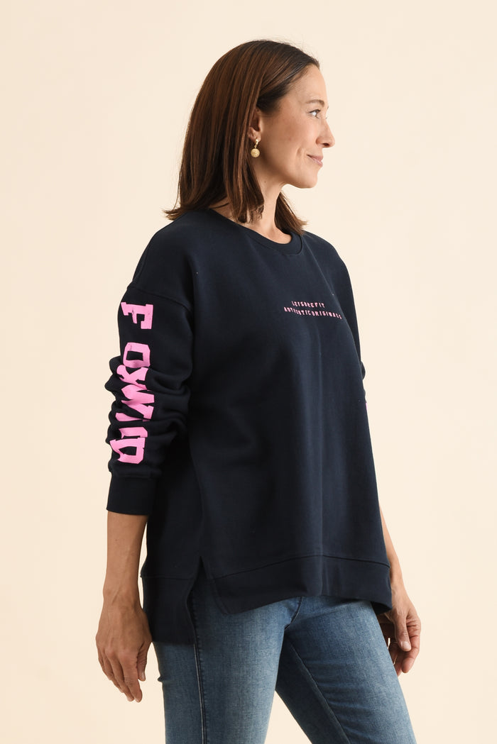 Origin Navy Cotton Crewneck Sweatshirt,Side,Brunette model,alt text|model:Cara