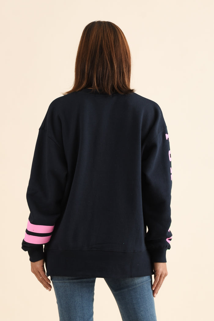 Origin Navy Cotton Crewneck Sweatshirt,Back,Brunette model,alt text|model:Cara