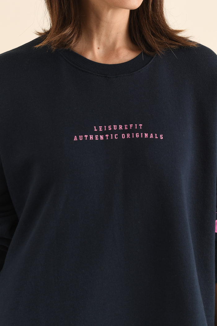 Origin Navy Cotton Crewneck Sweatshirt,Detail,Brunette model,alt text|model:Cara