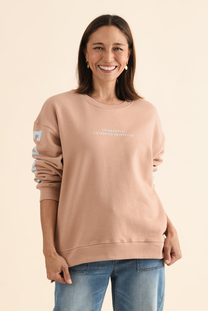 Origin Tan Cotton Crewneck Sweatshirt,Front,Brunette model,alt text|model:Cara