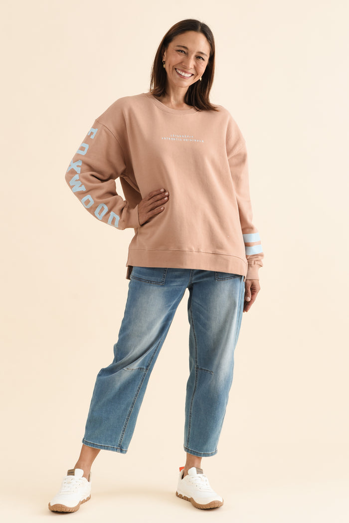 Origin Tan Cotton Crewneck Sweatshirt,Full Body,Brunette model,alt text|model:Cara