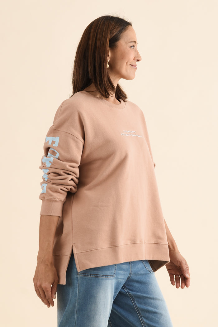 Origin Tan Cotton Crewneck Sweatshirt,Side,Brunette model,alt text|model:Cara