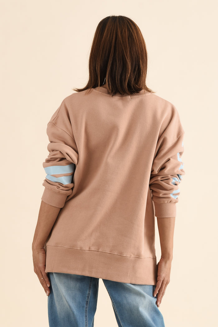 Origin Tan Cotton Crewneck Sweatshirt,Back,Brunette model,alt text|model:Cara