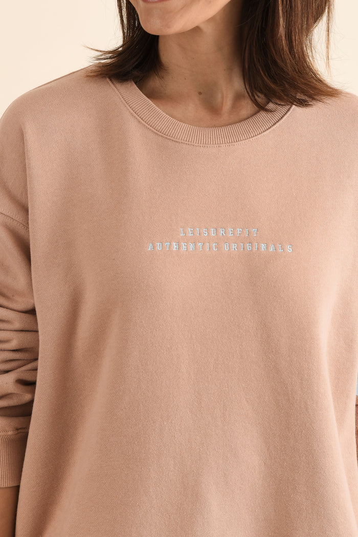 Origin Tan Cotton Crewneck Sweatshirt,Detail,Brunette model,alt text|model:Cara