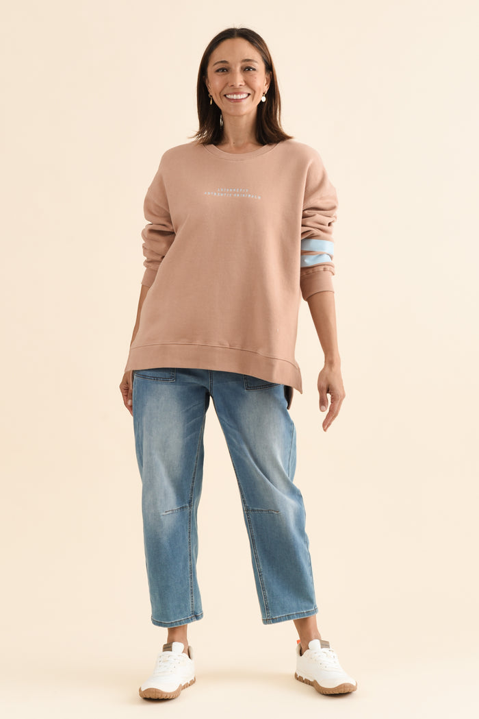 Origin Tan Cotton Crewneck Sweatshirt,Full Body,Brunette model,alt text|model:Cara