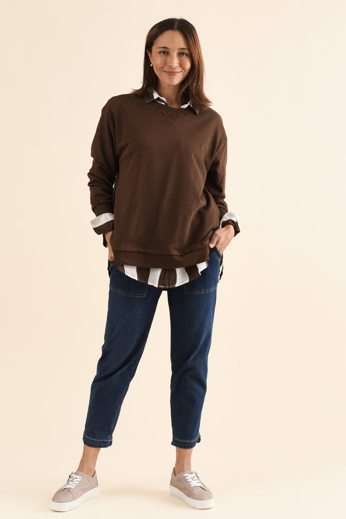 Osbourne Chocolate Cotton Sweatshirt,Full Body,Brunette model,alt text|model:Cara