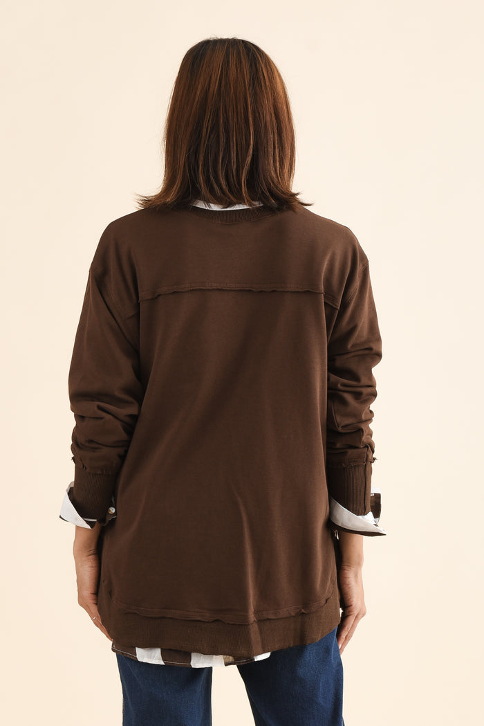 Osbourne Chocolate Cotton Sweatshirt,Back,Brunette model,alt text|model:Cara